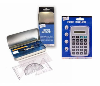 Back To School Maths Set Kit Calculator Protractor Square Ruler Eraser Compass