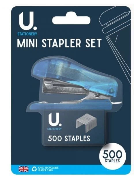 MINI BLUE STAPLER + 500 FREE STAPLES Office Desk Stationery Paper Binding Kit